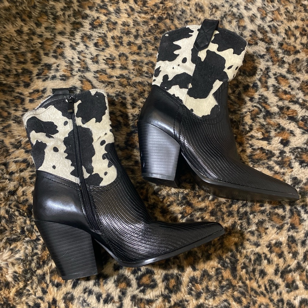 Nasty Gal Black and Cream Cow Print Heeled Boots